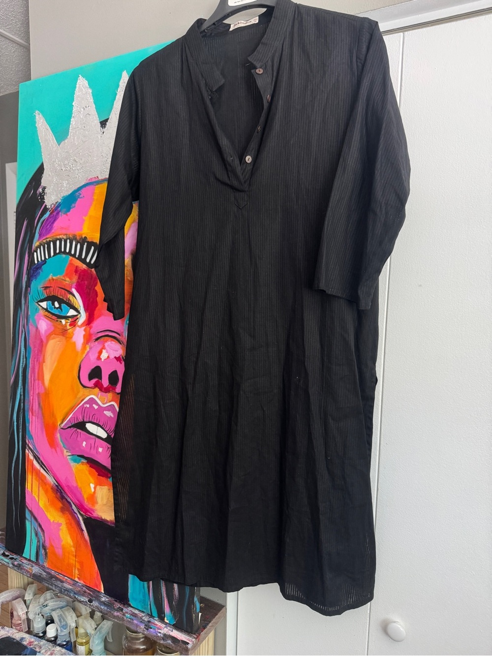Fabindia 100% Cotton Black Textured Long Kurta Tunic Dress Size XL